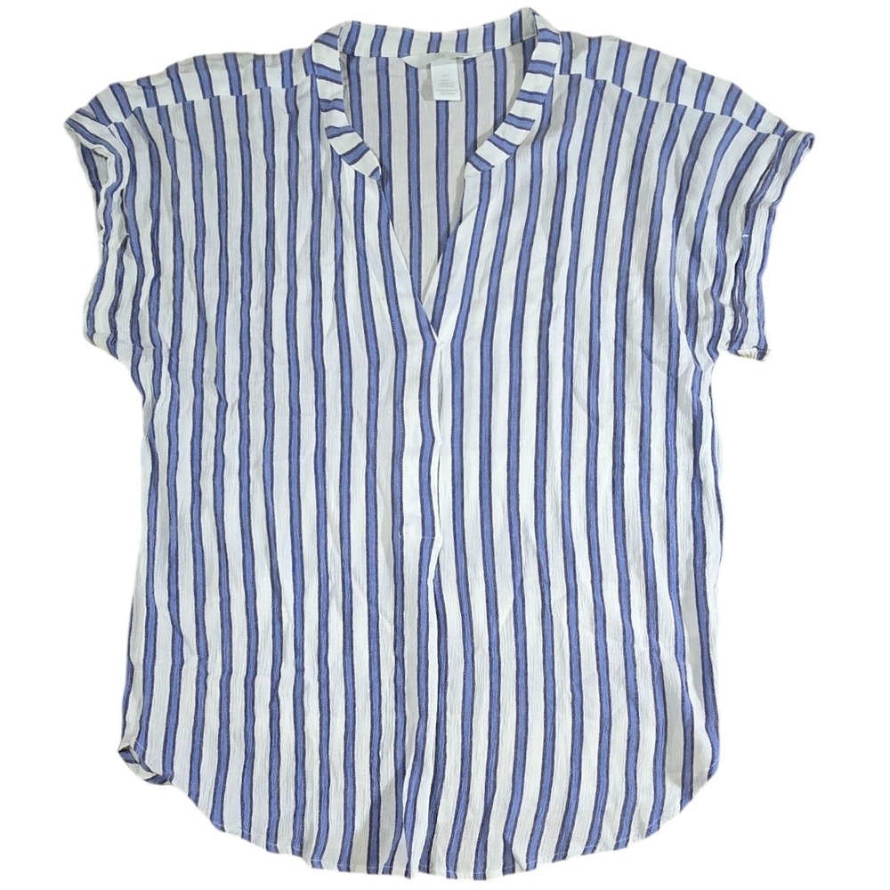 S H&M rayon lightweight shout sleeve pullover white blue vertical stripe blouse
